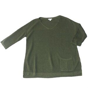 J Jill Top Sweater V Neck 3/4 Sleeves Boxy Pocket Green Sz S Linen Blend…